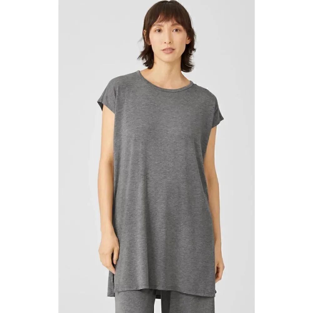 Eileen Fisher NWT Fine Jersey Crew Neck Long Top Boxy Fit Thigh Length PS